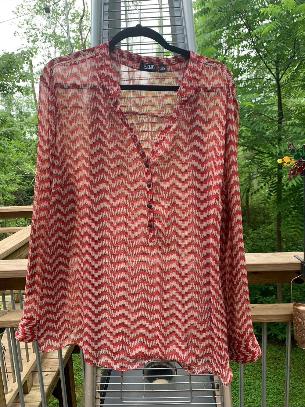 a.n.a Red and Cream Chevron Button-Front V-Neck Blouse
